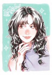  1girl black_eyes black_hair border commentary_request glint green_background grey_shirt hand_on_own_chin highres k-pop looking_to_the_side medium_hair mina_(twice) mole mole_above_mouth mole_on_nose ochie portrait real_life red_lips shirt sleeveless sleeveless_shirt smile solo sparkle twice_(group) white_border 