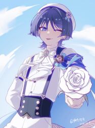  1boy :p absurdres arm_behind_back artist_name ascot black_corset blue_bow blue_cape blue_sky blunt_ends bow bowtie bright_pupils buttons cape clenched_hand clouds cloudy_sky collared_shirt corset dated double-breasted dress_shirt earrings emblem fingernails flower foreshortening formal_clothes genshin_impact gold gold_earrings gold_trim grey_hair hair_intakes hand_up hat highres holding holding_flower incoming_gift jewelry long_sleeves looking_at_viewer male_focus official_alternate_costume one_eye_closed outdoors purple_trim rose sailor_hat scaramouche_(genshin_impact) shenqiabei shirt shorts sky solo striped_bow suspender_corset suspenders teeth tongue tongue_out tsurime upper_body upper_teeth_only violet_eyes wanderer_(genshin_impact) wanderer_(resplendent_feast)_(genshin_impact) white_ascot white_bow white_bowtie white_flower white_hat white_pupils white_rose white_shirt white_shorts white_sleeves wing_collar wispy_bangs 