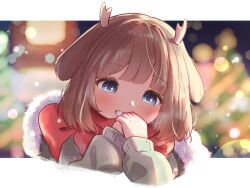  1girl antlers blue_eyes blurry blurry_background blush bokeh border breath brown_hair christmas_tree commentary depth_of_field english_commentary franky7702 fur-trimmed_jacket fur_trim grey_sweater horns indie_utaite jacket kano_(utaite) original red_scarf scarf short_hair smile snowing solo sweater upper_body utaite white_border 