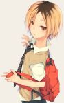  1boy backpack bag blonde_hair blurry brown_hair depth_of_field haikyuu!! kozume_kenma male_focus multicolored_hair mzyk necktie open_mouth school_uniform simple_background solo sweater_vest two-tone_hair yellow_eyes 