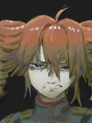  1girl ahoge black_background black_eyes blue_hair chachotongo clenched_teeth collared_shirt drill_hair grey_shirt hair_between_eyes hair_intakes highres kasane_teto kasane_teto_(sv) multicolored_hair parted_lips red_hair scowl shirt short_hair simple_background solo streaked_hair synthesizer_v teeth twin_drills 