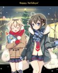  2girls ^_^ ahoge bag black_hair black_legwear blonde_hair blue_eyes blue_gloves blue_scarf braid christmas closed_eyes earmuffs failure_penguin gloves hair_flaps hair_ornament hair_ribbon hairclip hanao_(kuma-tan_flash!) kantai_collection kneehighs long_hair mittens multiple_girls plaid plaid_scarf red_gloves red_scarf ribbon scarf shigure_(kantai_collection) shopping_bag single_braid winter_clothes yuudachi_(kantai_collection) 