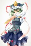  1girl aridamikannn blouse covering_mouth cowboy_shot green_eyes green_hair hat long_sleeves looking_at_viewer puffy_sleeves rod_of_remorse shiki_eiki short_hair skirt skirt_set solo touhou vest white_background 