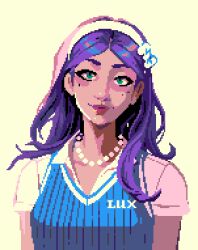  1girl abigail_(stardew_valley) artist_name bead_necklace beads blue_sweater_vest bow_hairband breasts commentary english_commentary green_eyes hairband jewelry medium_breasts mole mole_under_eye multiple_moles necklace pixel_art purple_hair red_lips shirt smile solo stardew_valley sweater_vest thisislux upper_body variant_set wavy_hair white_hairband white_shirt 
