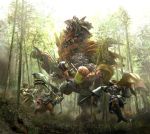  1boy 1girl 3d bamboo bamboo_forest felyne forest highres monster monster_hunter monster_hunter_frontier nature sword thigh-highs twintails weapon 