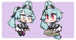  1girl :3 ;d a.i._voice animal_ears asymmetrical_legwear black_pantyhose black_shoes blank_eyes blue_hair blush_stickers chibi chibi_only closed_mouth commentary_request crescent crescent_hair_ornament full_body grey_shirt hair_between_eyes hair_ornament highres ini_(inunabe00) jitome kakyou_yosari_(a.i._voice) long_hair long_sleeves mismatched_legwear one_eye_closed open_mouth pantyhose ponytail purple_background rabbit_ears rabbit_girl rabbit_tail red_eyes shirt shoes simple_background single_leg_pantyhose sitting smile tail uneven_legwear 