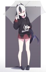  1girl absurdres black_choker black_hair black_hoodie black_horns blue_archive blush choker closed_mouth collarbone commentary_request demon_horns demon_wings ear_piercing earclip grey_halo hair_between_eyes halo hand_in_own_hair hand_up highres holding holding_umbrella hood hoodie horns kagari_ds kayoko_(blue_archive) long_sleeves looking_at_viewer mole mole_on_collarbone multicolored_hair piercing plaid_clothes plaid_skirt ponytail red_eyes simple_background single_wing skirt solo standing transparent transparent_umbrella two-tone_hair umbrella umbrella_over_shoulder white_hair wings 