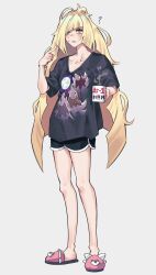 1girl ? andrich_galam bewear black_shirt black_shorts blonde_hair blush breasts coffee_mug collarbone commentary cup english_commentary full_body green_eyes hair_over_one_eye holding holding_cup long_hair looking_at_viewer lusamine_(pokemon) lycanroc lycanroc_(dusk) lycanroc_(midday) lycanroc_(midnight) mature_female messy_hair mug open_mouth pink_slippers pokemon pokemon_sun_and_moon shirt short_sleeves shorts simple_background slippers small_breasts solo sweatdrop very_long_hair 