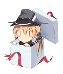  1girl :&gt; blonde_hair blush_stickers box hat highres in_box in_container kantai_collection long_hair low_twintails metindone peaked_cap prinz_eugen_(kantai_collection) solo twintails |_| 