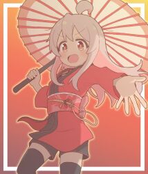  :d ahoge alternate_costume black_shorts black_thighhighs blush brown_eyes colored_inner_hair commentary grey_hair highres holding holding_umbrella idolmaster japanese_clothes kamurogiku_(idolmaster) kimono long_hair long_sleeves looking_at_viewer multicolored_hair obi oil-paper_umbrella onii-chan_wa_oshimai! open_mouth outstretched_arm oyama_mahiro pink_hair red_background red_kimono rtbspecter sash shorts sidelocks simple_background smile thigh-highs two-tone_hair umbrella v-shaped_eyebrows 
