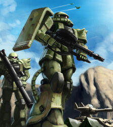  aircraft airplane assault_rifle bazooka_(gundam) commentary_request cyclops dopp fighter_jet gun gundam gunlin highres holding holding_gun holding_weapon looking_to_the_side machine_gun magella_attack mecha mecha_focus military_vehicle mobile_suit mobile_suit_gundam morning motor_vehicle mountain no_humans one-eyed outdoors rifle robot rocket_launcher science_fiction sky tank walking weapon zaku_ii zaku_ii_f/j zeon 