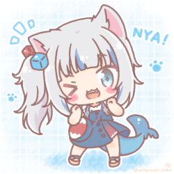  >_o 1girl ;d animal_ears bag blue_dress blue_eyes blue_hair blush_stickers brown_sandals cat_ears chibi colored_shadow cube_hair_ornament dress fins fish_tail gawr_gura gawr_gura_(casual) grey_hair hair_ornament hands_up head_tilt highres hololive hololive_english long_hair looking_at_viewer mitarashi_neko multicolored_hair notice_lines one_eye_closed romaji_text sandals shadow shark_tail sharp_teeth shirt shoulder_bag side_ponytail sleeveless sleeveless_dress smile solo standing streaked_hair tail teeth very_long_hair virtual_youtuber white_shirt 