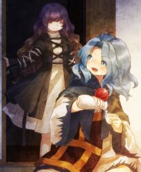  2girls alcohol black_dress blonde_hair blue_eyes blue_hair bottle brooch caught choko_(cup) closed_eyes commentary_request cup dress false_smile gradient_hair highres hijiri_byakuren holding holding_bottle holding_cup hood hood_down jewelry kesa kumoi_ichirin layered_dress long_sleeves medium_hair multicolored_hair multiple_girls open_mouth pouring purple_hair retrochaossan sake sitting smile sweatdrop tokkuri touhou walk-in white_dress wide_sleeves 