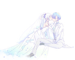  1boy 1girl absurdres blue_hair bridal_veil bride couple dress elbow_gloves elf flower formal_clothes frieren gloves groom hetero highres himmel_(sousou_no_frieren) jewelry kiss kissing_cheek long_hair one_eye_closed pants pointy_ears sachinyopo sitting sousou_no_frieren suit veil wedding wedding_dress white_background white_dress white_gloves white_hair white_suit 
