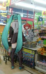  2girls ahoge alternate_height aqua_hair aqua_shirt barcode_scanner black_boots black_skirt boots cashier chachotongo collared_shirt commentary convenience_store delinquent drill_hair fluorescent_lamp flustered food_packaging grey_jacket hair_intakes height_difference highres jacket long_hair meme multiple_girls necktie red_eyes red_hair red_necktie security_camera shirt shop shopping_basket shopping_cart short_hair skirt sukeban tall_female tall_lady_shopping_in_japanese_store_(meme) thigh_boots twin_drills twintails utau very_long_hair vocaloid white_shirt 