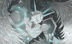  blue_eyes blue_horns commentary_request dark_background digimon digimon_(creature) feathered_wings highres horns mecha omegamon_merciful_mode robot shoulder_spikes solo spikes upper_body white_wings wings ya_yay 