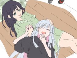  2girls black_hair black_shirt blush breast_pocket cho_kaguya-hime! closed_eyes colored_inner_hair green_eyes green_pajamas grey_hair hand_on_another's_head hand_to_own_mouth highres holding_hands ini_yoy interlocked_fingers lap_pillow long_hair looking_at_another lying mole mole_under_eye multicolored_hair multiple_girls on_back open_mouth pajamas pink_hair pocket purple_nails runami_yachiyo sakayori_iroha shirt short_sleeves sketch smile tearing_up yuri 