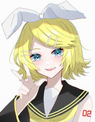  1girl absurdres arm_tattoo black_sailor_collar blonde_hair blue_eyes blush bow hair_bow hair_ornament hairclip hand_up highres kagamine_rin neckerchief number_tattoo parted_lips sailor_collar shirt simple_background sleeveless sleeveless_shirt smile solo swept_bangs tattoo tsuyu_yomi variant_set vocaloid w white_background white_shirt yellow_neckerchief 