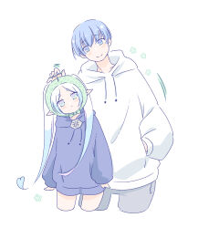  1boy 1girl blue_hair blue_hoodie commentary_request cropped_legs elf frieren hand_in_pocket highres himmel_(sousou_no_frieren) hood hoodie long_hair pointy_ears sachinyopo simple_background sousou_no_frieren twintails white_background white_hair white_hoodie 