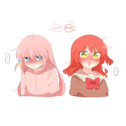  ... 2girls blue_eyes blush bocchi_the_rock! bow bowtie brown_shirt commentary_request gotoh_hitori jacket kita_ikuyo long_hair looking_at_viewer multiple_girls open_mouth parted_lips pink_hair pink_jacket rebecca_(keinelove) red_bow red_bowtie red_hair shirt simple_background spoken_ellipsis upper_body white_background yellow_eyes 