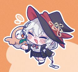  1girl :d animal_on_arm bird bird_on_arm black_hat black_skirt blue_archive blush bow bowtie braid brown_halo commentary diagonal-striped_bow diagonal-striped_bowtie diagonal-striped_clothes eri_(blue_archive) hair_between_eyes halo hat holding holding_pokemon kaming3698 long_hair long_sleeves open_mouth owl pokemon pokemon_(creature) rowlet shirt side_halo skirt smile striped_bow striped_bowtie striped_clothes two-sided_fabric two-sided_headwear untranslatable_commentary white_hair white_shirt witch_hat 