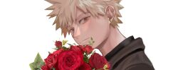  1boy absurdres bakugou_katsuki black_shirt blonde_hair boku_no_hero_academia bouquet closed_mouth commentary_request earrings flower highres jewelry koromo06418109 leaf light_smile male_focus parted_bangs piercing red_eyes red_flower shirt short_hair simple_background solo spiky_hair stud_earrings white_background 