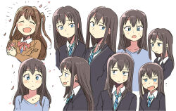  2girls :d black_cardigan blue_eyes blue_necktie blue_shirt blush bow bowtie brown_hair brown_jacket cardigan closed_eyes closed_mouth diagonal-striped_clothes diagonal-striped_necktie idolmaster idolmaster_cinderella_girls jacket long_hair multiple_girls multiple_views necktie one_side_up open_mouth red_bow red_bowtie shibuya_rin shimamura_uzuki shirt simple_background smile striped_clothes sweatdrop tsubobot white_background 