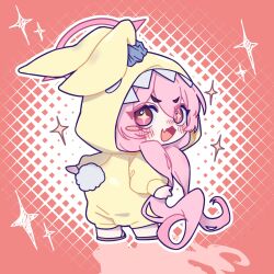  +_+ 1girl animal_costume blue_archive blush chestnut_mouth chibi chibi_only commentary fang from_behind hair_between_eyes halo highres hood hood_up hooded_pajamas kaming3698 koyuki_(blue_archive) koyuki_(pajamas)_(blue_archive) long_hair long_sleeves looking_at_viewer looking_back official_alternate_costume onesie open_mouth pajamas pink_eyes pink_hair pink_halo rabbit_pajamas rabbit_tail skin_fang smile solo sparkle tail turning_head twintails untranslatable_commentary yellow_pajamas 