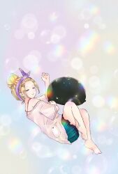  1girl :3 aqua_skirt bare_shoulders barefoot blonde_hair blush closed_eyes closed_mouth commentary_request facing_viewer feet film_grain forehead from_above full_body hair_bun hair_ornament hair_slicked_back hairclip heaven_burns_red highres knees_up kusu_any lens_flare lying medium_hair miniskirt narby_(heaven_burns_red) nose_blush on_side ooshima_yotsuha parallel_hairclips pleated_skirt shirt short_sleeves sidelocks signature simple_background single_hair_bun skirt sleeping slime_(substance) smile soles solo t-shirt toes white_shirt 