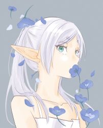  1girl bare_shoulders blue_flower commentary_request dress elf flower frieren green_eyes highres pointy_ears simple_background sleeveless sousou_no_frieren toshuyu twintails white_dress white_hair 