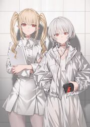  2girls absurdres blonde_hair cassette_player collar commentary cowboy_shot dress earphones grey_hair highres holding holding_cassette_player jacket looking_at_another looking_at_viewer makai_no_juumin multiple_girls original pointy_ears red_collar red_eyes standing untranslatable_commentary white_dress white_jacket 