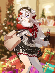  1girl ;) absurdres ahoge bag beret black_gloves black_skirt blue_eyes box breasts capelet chinese_commentary christmas_present christmas_tree commentary_request estpoetry fur-trimmed_capelet fur_trim gift gift_box gloves hat highres honkai_(series) honkai_impact_3rd kiana_kaslana kiana_kaslana_(don_quijote) long_hair official_alternate_costume one_eye_closed pantyhose red_capelet skirt small_breasts smile solo sweater white_pantyhose white_sweater 