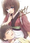  1boy 1girl apron blue_eyes brown_hair closed_eyes finger_to_mouth japanese_clothes lap_pillow myoujin_yahiko natsu_mikan_(level9) rurouni_kenshin sanjou_tsubame short_hair sleeping 