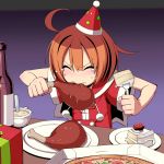  1girl bangs blush boned_meat bottomless box cake capelet clenched_teeth closed_eyes cup eating food fork fruit gift gift_box gradient gradient_background hat highres holding_food holding_fork meat medic_(sekaiju) orange_hair party_hat pizza pizza_box plate pom_pom_(clothes) santa_costume santa_hat sekaiju_no_meikyuu short_hair short_sleeves solo soup strawberry table takeda_yukimura tears 