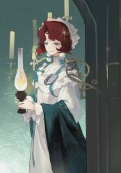 1girl aqua_background blue_eyes blue_shawl chinese_commentary closed_mouth commentary_request dress esumi_zhong fire hat highres holding_lamp marsha_(reverse:1999) mole mole_under_eye official_alternate_costume red_hair reverse:1999 shawl short_hair smile solo upper_body white_dress white_hat 