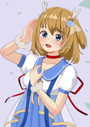  1girl antlers blue_dress blue_eyes blush brown_hair choker commentary_request dress falling_leaves hair_ornament highres horns kano_(utaite) leaf open_mouth puffy_short_sleeves puffy_sleeves purple_background red_choker ribbon s_zonmbi sailor_collar short_hair short_sleeves simple_background solo star_(symbol) star_hair_ornament star_ornament upper_body utaite wrist_cuffs 