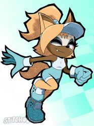  1girl absurdres animal_ears animal_nose aqua_background artist_name bare_shoulders black_eyes blonde_hair blue_background blue_gloves body_fur bodysuit breasts checkered_background clenched_hand closed_eyes closed_mouth eyeshadow fang fang_out full_body furry furry_female gloves gradient_background hair_tie happy highres leg_up looking_at_viewer makeup one_eye_closed outstretched_arm ponytail shirt shoes simple_background sleeveless sleeveless_shirt small_breasts smile solo sonic_(series) sonic_racing:_crossworlds sonic_the_hedgehog_(idw) sportswear standing standing_on_one_leg stitchou swimsuit tail visor_cap whisper_the_wolf wolf_ears wolf_girl wolf_tail 