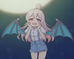  1girl :d ahoge alternate_costume bare_arms bare_legs blurry blurry_background braid brown_eyes cowboy_shot cutoffs demon_wings denim denim_shorts dot_nose double-parted_bangs fang full_moon hands_on_own_cheeks hands_on_own_face highres long_hair moon onii-chan_wa_oshimai! open_mouth overall_shorts overalls oyama_mahiro pink_hair puffy_short_sleeves puffy_sleeves raised_inner_eyebrows rtbspecter shirt short_sleeves shorts skin_fang smile solo twin_braids white_shirt wing_collar wings 