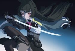  1girl absurdres animal_ear_fluff animal_ears aqua_jacket black_gloves black_hair black_necktie black_pantyhose black_skirt blunt_bangs boots closed_mouth fingerless_gloves fire fox_ears fox_girl gauntlets gloves han_fridge high_heel_boots high_heels highres holding holding_sword holding_weapon hoshimi_miyabi jacket katana long_hair looking_at_viewer necktie pantyhose red_eyes shirt sidelocks single_fingerless_glove single_gauntlet skirt solo sword unfinished weapon white_shirt zenless_zone_zero 