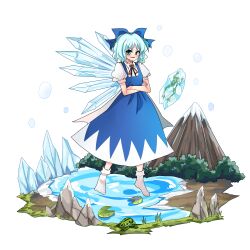  1girl back_bow blue_bow blue_dress blue_eyes blue_hair blush bow break~ chinese_commentary cirno commentary_request crossed_arms detached_wings dress embodiment_of_scarlet_devil frog frozen_frog full_body hair_bow highres ice ice_wings looking_at_viewer open_mouth pinafore_dress puffy_short_sleeves puffy_sleeves short_sleeves sleeveless sleeveless_dress smile smug socks solo touhou water white_socks wings 