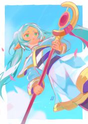  1girl blue_sky closed_mouth commentary elf english_commentary frieren green_eyes highres holding holding_staff long_hair mage_staff maureenmachine meme pointy_ears simple_background sky sousou_no_frieren staff twintails upward_angle_frieren_drawing_(meme) white_hair 