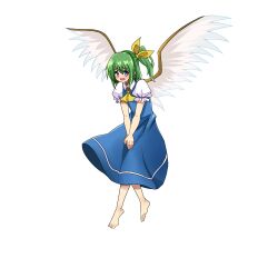 1girl ascot barefoot blue_dress blue_eyes bow break~ chinese_commentary commentary_request daiyousei dress embodiment_of_scarlet_devil fairy fairy_wings full_body green_hair hair_bow highres open_mouth pinafore_dress puffy_short_sleeves puffy_sleeves shirt short_sleeves simple_background sleeveless sleeveless_dress solo toes touhou white_background white_shirt wings yellow_ascot yellow_bow 