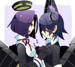  2girls :d black_gloves breast_grab eyepatch gloves kantai_collection machinery multiple_girls mzh open_mouth purple_hair school_uniform short_hair smile tatsuta_(kantai_collection) tenryuu_(kantai_collection) translated violet_eyes 