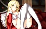  1girl 2014 absurdres blonde_hair blush bra breasts cleavage couch dated gakuen_butou_no_folklore highres jougen long_hair open_clothes panties pillow santa_costume signature smile solo thigh-highs underwear white_bra white_legwear white_panties yellow_eyes 
