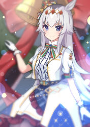 1girl ahoge akane_(akane112234) animal_ears bell belt blue_eyes blush bow bowtie breasts center_frills closed_mouth commentary_request frills gloves grey_hair hair_ornament highres horse_ears horse_girl horse_tail jacket long_hair looking_at_viewer multicolored_bow multicolored_bowtie multicolored_ribbon official_alternate_costume oguri_cap_(ashen_miracle)_(umamusume) oguri_cap_(umamusume) red_bow ribbon shirt short_sleeves skirt smile solo tail umamusume white_gloves white_jacket white_shirt white_skirt 