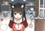  1girl :d animal_ears black_hair breasts brown_eyes capelet cat_ears christmas cleavage jitome long_hair looking_at_viewer merry_christmas nasubi_(fian0202) open_mouth original smile snowing snowman solo 