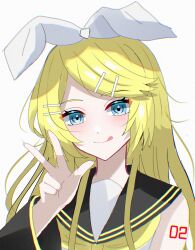  1girl absurdres alternate_hair_length_(longer) arm_tattoo black_sailor_collar blonde_hair blue_eyes blush bow closed_mouth hair_bow hair_ornament hairclip hand_up highres kagamine_rin neckerchief number_tattoo sailor_collar shirt simple_background sleeveless sleeveless_shirt smile solo swept_bangs tattoo tongue tongue_out tsuyu_yomi variant_set vocaloid w white_background white_shirt yellow_neckerchief 