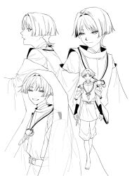  1boy armor arms_at_sides barefoot blunt_ends bow closed_mouth clothing_cutout eyelashes eyeliner feathers genshin_impact greyscale hair_intakes highres japanese_armor japanese_clothes kariginu kote layered_sleeves long_sleeves looking_at_viewer looking_to_the_side makeup male_focus monochrome multiple_views open_hands open_mouth pants parted_bangs pom_pom_(clothes) red_eyeliner sash scaramouche_(genshin_impact) scaramouche_(kabukimono)_(genshin_impact) see-through_clothes see-through_veil shoulder_cutout sleeves_rolled_up smile solo string tasuki te1081 toenails toes tsurime twitter_username veil white_background wispy_bangs 