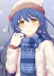  1girl blue_hair brown_eyes hat highres inanaki_shiki long_hair love_live!_school_idol_project scarf snow solo sonoda_umi 