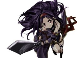  1girl ahoge armor bare_shoulders blush boots commentary_request fingerless_gloves floating_hair foot_out_of_frame gloves hairband highleg highleg_leotard holding holding_sword holding_weapon jun_(rellik_&amp;_redrum) leotard long_hair long_sleeves looking_at_viewer obsidian_slasher pointy_ears purple_armor purple_gloves purple_hair purple_leotard purple_sarong purple_sleeves red_eyes red_hairband red_trim sarong simple_background smile solo sword sword_art_online thigh_boots weapon white_background yellow_trim yuuki_(sao) 